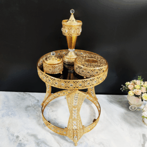 Round Diamond-Embedded Golden Iron Coffee Table with LED Incense Set (QBY-80265)