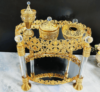 Oval Four-Pillar Golden Iron Coffee Table with LED Incense Set (QBY-80267)