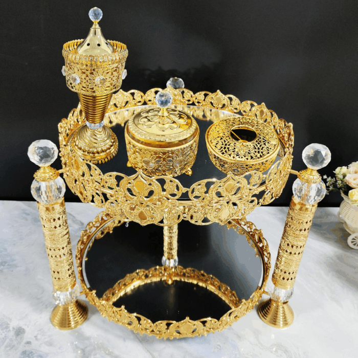 图片1 Oval Four-Pillar Golden Iron Coffee Table with LED Incense Set (QBY-80268)