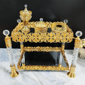 Square Four-Pillar Golden Iron Coffee Table with LED Incense Set (QBY-80276)