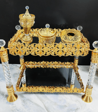 Square Four-Pillar Golden Iron Coffee Table with LED Incense Set (QBY-80276)