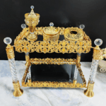 Square Four-Pillar Golden Iron Coffee Table with LED Incense Set (QBY-80276)