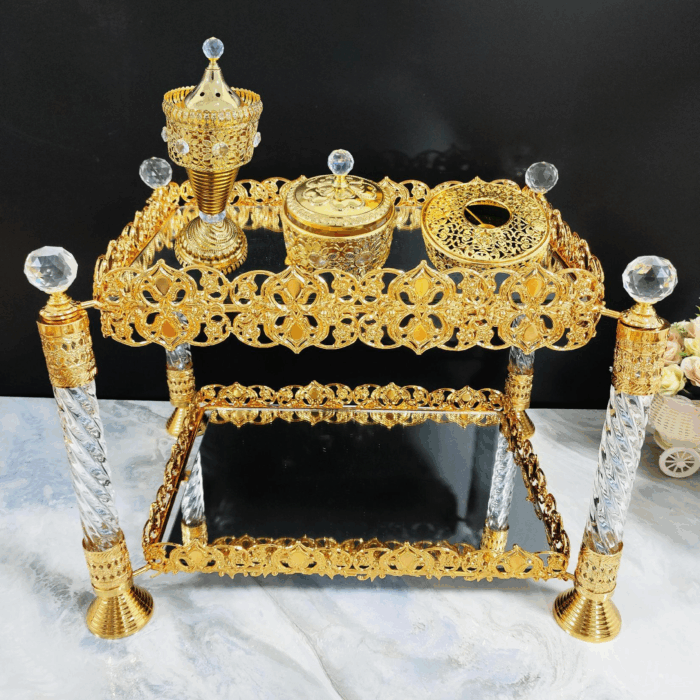 图片1 Square Four-Pillar Golden Iron Coffee Table with LED Incense Set (QBY-80276)