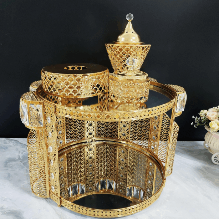 Round Diamond-Embedded Golden Iron Coffee Table with LED Incense Set (QBY-80269)