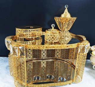 Oval Diamond-Embedded Golden Iron Coffee Table with LED Incense Set (QBY-80270)