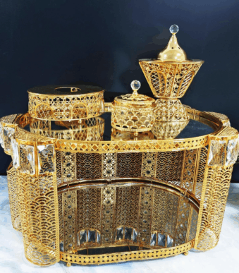 Oval Diamond-Embedded Golden Iron Coffee Table with LED Incense Set (QBY-80270)