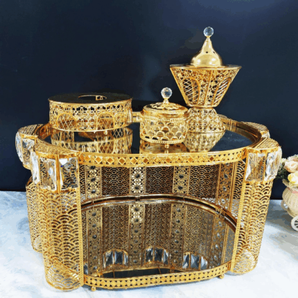 Oval Diamond-Embedded Golden Iron Coffee Table with LED Incense Set (QBY-80270)