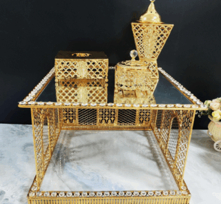 Square Diamond-Embedded Golden Iron Coffee Table with LED Incense Set (QBY-80271)