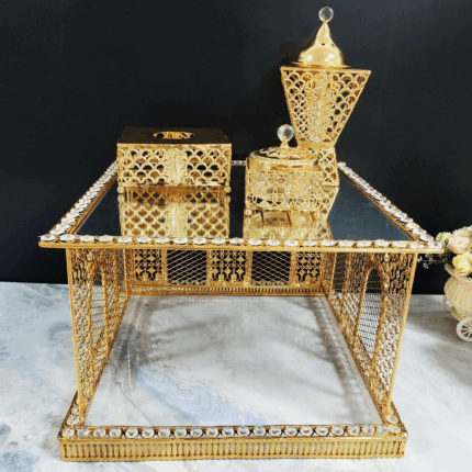 Square Diamond-Embedded Golden Iron Coffee Table with LED Incense Set (QBY-80271)