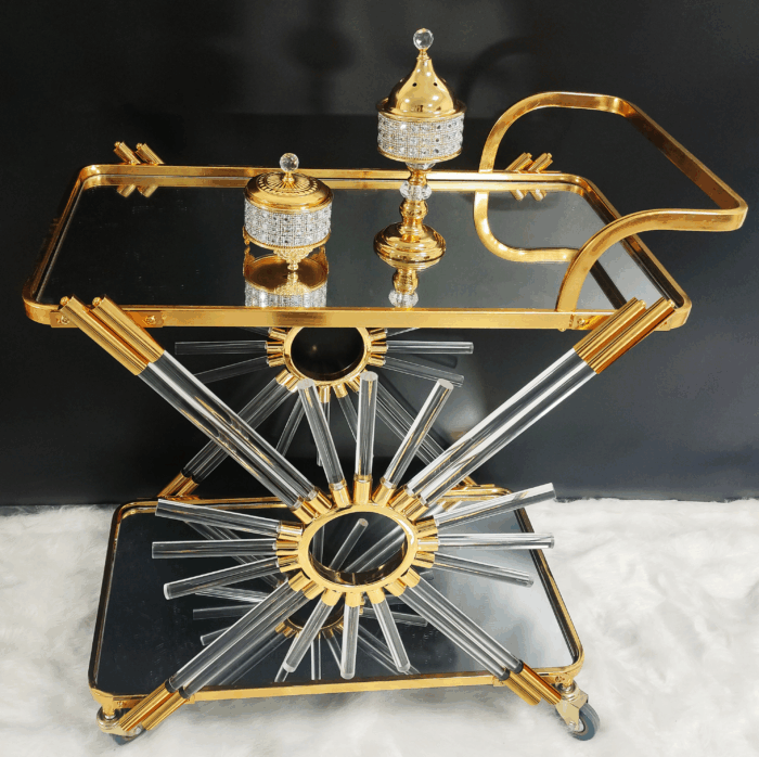 Sunburst Rolling Serving Cart (QBY-80227) – Golden Radiance for Indian Gatherings - Image 1
