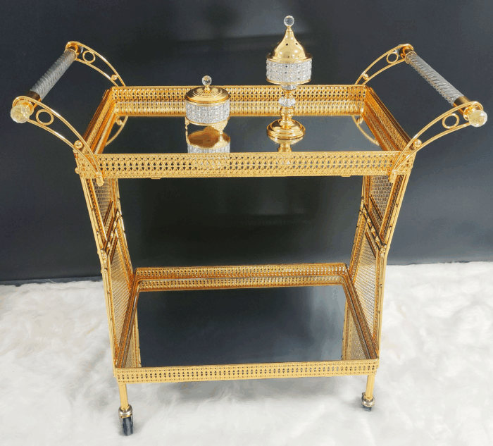 Double-Handle Crystal & Iron Serving Trolley (QBY-80228) – Regal Elegance for Indian Celebrations - Image 1