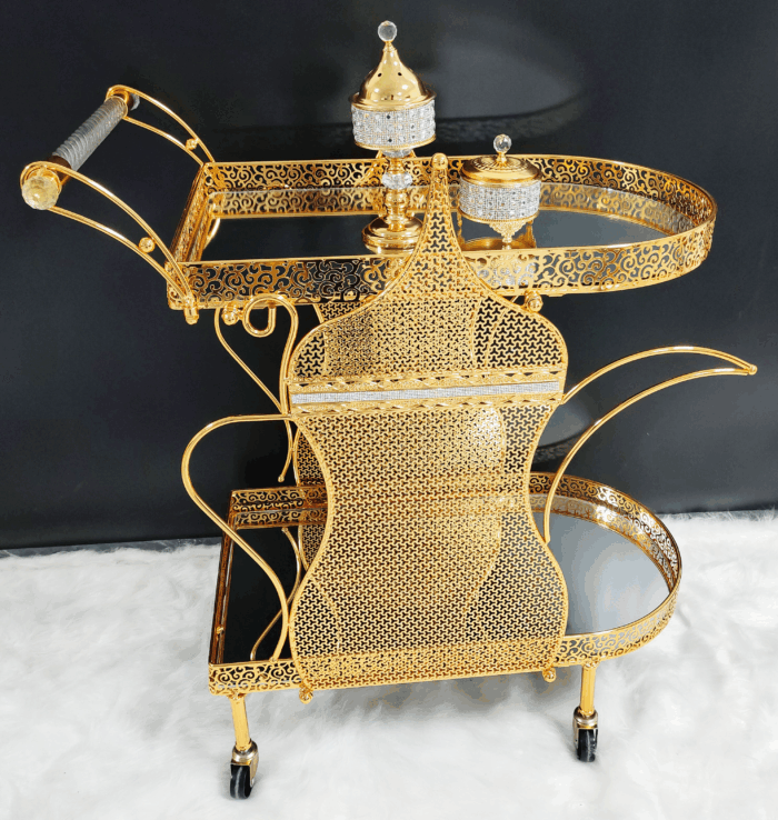 图片1 Teapot-Inspired Golden Serving Trolley (QBY-80230) – Royal Elegance for Indian Chai & Celebrations - Image 1