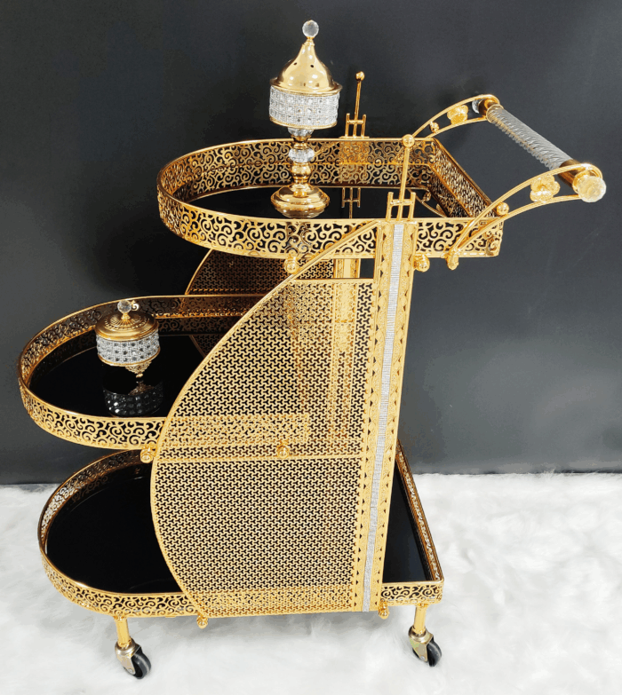 Teapot-Inspired Golden Crystal Serving Trolley (QBY-80231) – Royal Charm for Indian Chai & Festivals - Image 1