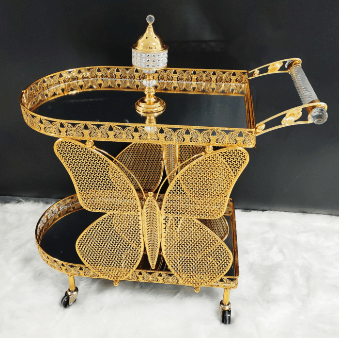 图片1 Butterfly-Inspired Golden Crystal Serving Trolley (QBY-80232) – A Symbol of Happiness for Indian Homes - Image 1