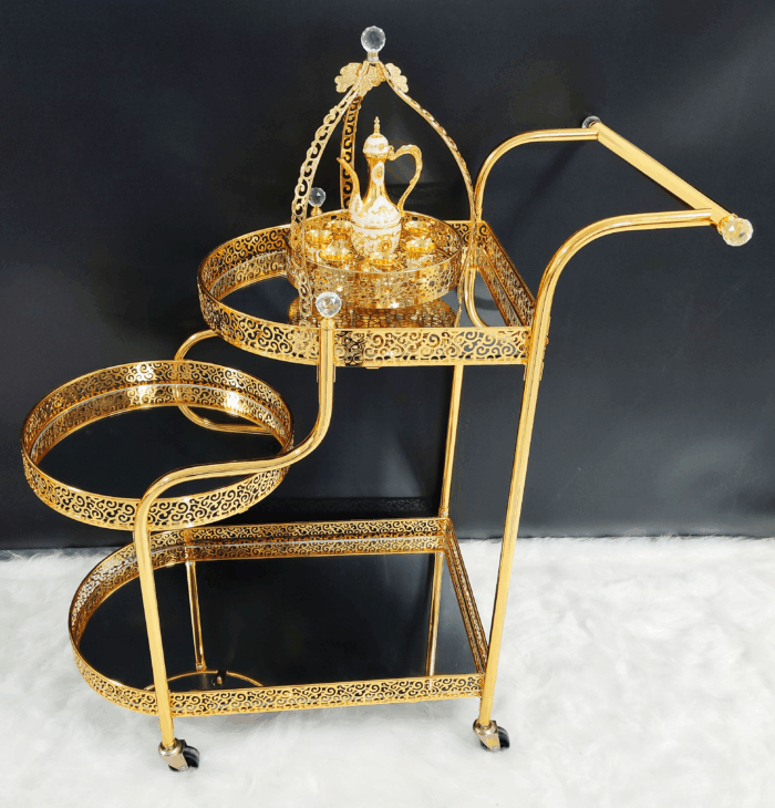 图片1 Three-Tier Spiral Serving Trolley (QBY-80238) – A Golden Masterpiece for Indian Hospitality For Indian Homes: Where Tradition Meets Functionality - Image 1