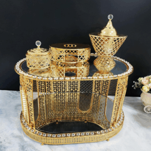 Oval Diamond-Embedded Golden Iron Coffee Table with LED Incense Set (QBY-80275)