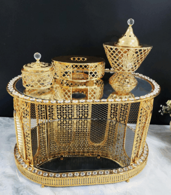 Oval Diamond-Embedded Golden Iron Coffee Table with LED Incense Set (QBY-80275)