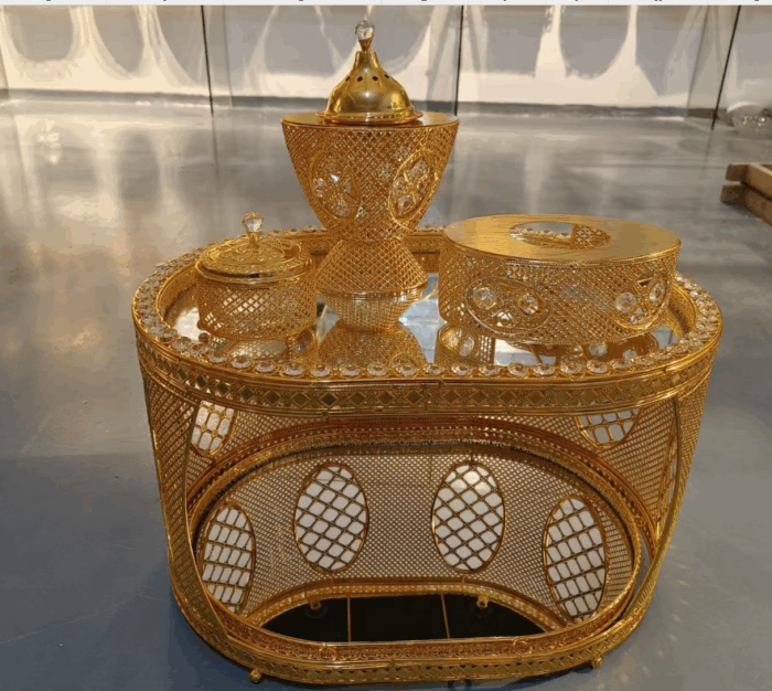 Oval Golden Iron & Glass Coffee Table with LED Incense Set (QBY-80277)