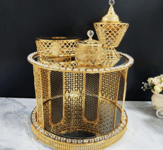 Round Diamond-Embedded Golden Iron Coffee Table with LED Incense Set (QBY-80272)