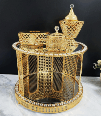 Round Diamond-Embedded Golden Iron Coffee Table with LED Incense Set (QBY-80272)